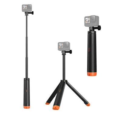 Three different configurations of a selfie stick/tripod for action cameras are shown against a white background.