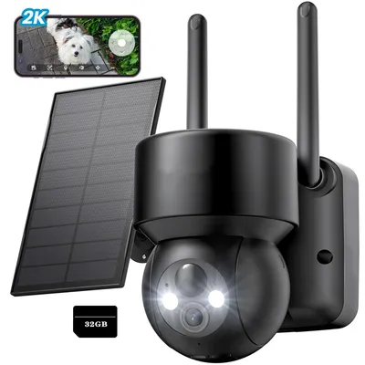 Image de Caméra de surveillance extérieure Batterie solaire 2K caméra de surveillance extérieure WLAN extérieur sans fil 360 degrés PTZ PIR détecteur de mouvement vision nocturne couleur avec 32G