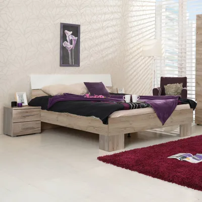 Image de Lit en bois Homestyle4u, dimensions 160x200, avec sommier à lattes, couleur chêne gris et blanc, lit double