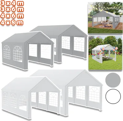 A collage of images showing party tents in different sizes and colors, with lifestyle shots of tents set up for events.