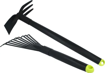 Produktbild von com-four® 2-teiliges Premium Garten-Werkzeug Set aus Kleinbesen und Doppelhacke - ideales Zubehör für die Garten-Arbeit