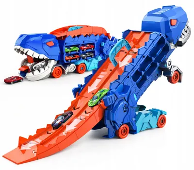 Image de Camion porte-voitures dinosaure T-Rex 3 en 1 avec 2 petites voitures en métal – piste de course, transporteur valise, jouet dès 3 ans