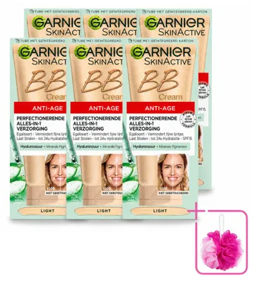 Imagen del producto de 6 unidades de crema BB antiedad Garnier SkinActive, tono claro - Crema de día con color, 50 ml - Paquete ahorro