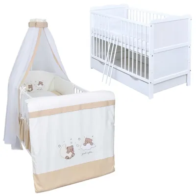 Produktbild von Baby-Delux Babybett Kinderbett Jack 140×70 weiß inkl. Schublade Bettwäsche komplett Set Traumland Beige
