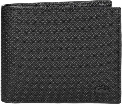 A black leather wallet with a textured pattern is shown against a white background.
