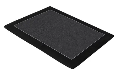 A dark gray dog mat with a black border and a thin white line accent, shown from a slightly elevated angle on a white background.