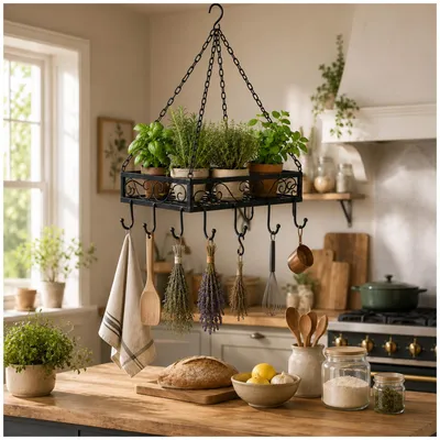 Produktbild von Hängendes Deckenregal aus Metall für Küche und Wohnraum 49 x 40 x 63 cm