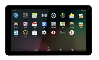A black tablet displaying a grid of application icons.