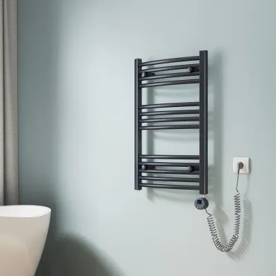 Image de EMKE Sèche-serviettes électrique 75 x 50 cm 300 W anthracite courbé Radiateur de salle de bain classique électrique Thermostat Radiateur sèche-serviettes