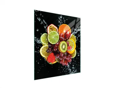 Produktbild von Glas-Schneidebrett 45x52 cm mit Obstdekoration und rutschfesten Füßen