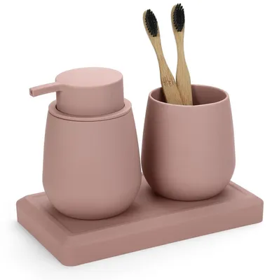 Image de Ensemble de salle de bain 3 pièces : distributeur de savon, gobelet à brosse à dents, plateau, en plastique ABS rose