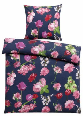 Produktbild von Biber Winter Bettwäsche 135x200+ 80x80cm, blau Blumen bunt, 100% Baumwolle