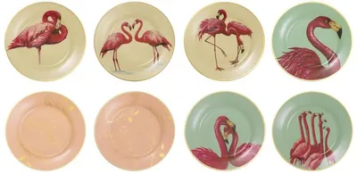 Produktbild von Casa Padrino Deko Porzellan Wandteller 8er Set Flamingos & Federn Mehrfarbig / Gold Ø 27 cm - Luxus Wanddeko