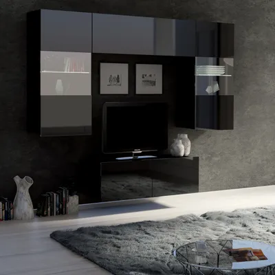 Produktbild von Wohnwand mit 2 Hängevitrinen in schwarz Hochglanz mit LED Beleuchtung CAIRNS-132, B/H/T ca. 195/200/43 cm