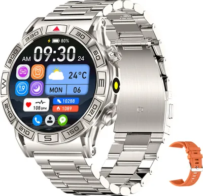 Obrázok produktu pre 1,43 "Smart hodinky športové hodinky s BT volaním, monitorovanie srdcového tepu krvného tlaku kyslíka v krvi, 100+ športových režimov, nemecké, strieborné z nehrdzavejúcej ocele