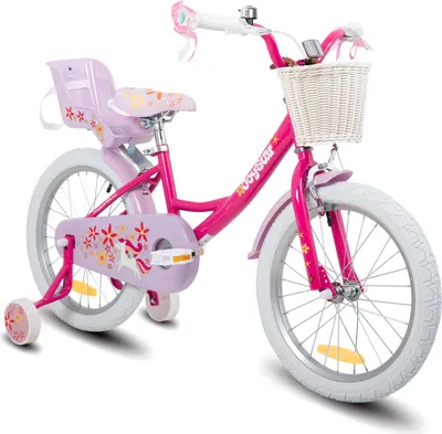 Produktbild von HILAND Joystar 18 Zoll Kinderfahrräder Mädchen mit Puppensitz, Stützräder, Korb, Schutzbleche, V-Brake-Bremsen, Magenta