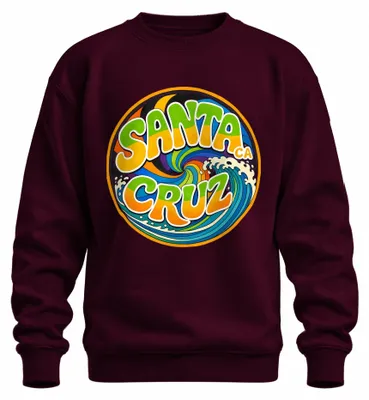 Immagine prodotto di Felpa con cappuccio, stile retrò, con motivo "onda" di Santa Cruz, California, e arcobaleno, ideale per la spiaggia, colore bordeaux, taglia XL