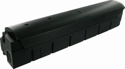 A black e-bike battery pack is shown against a white background.