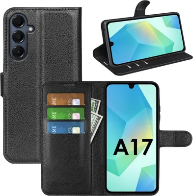 A collage of images showing a black flip-style phone case for a Samsung Galaxy A17, with slots for cards and cash, and a phone inserted into the case.