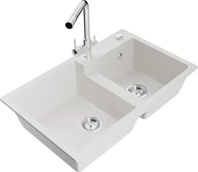 Immagine prodotto di Mexen Tomas lavello in granito 2 vasche con rubinetto da cucina Duero, bianco - 6516-20-671600-00