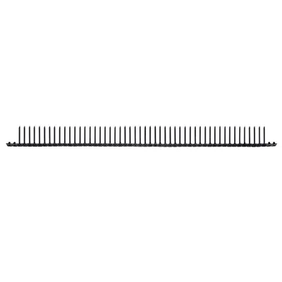 A black metal strip with many small spikes or teeth, laid out horizontally on a white background.