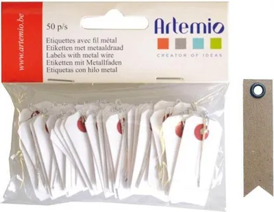 Produktbild von Weiße Mini-Etiketten mit Metallfaden - 2 x 4 cm + 20 Wimpel Kraft Etiketten