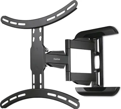A black, articulated TV wall mount is shown against a white background.