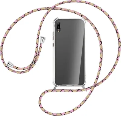 Produktbild von Handykette Backcover-Schutzhülle mit Band (Metall silberfarben) für Huawei Y6 2019 - rosa Karo