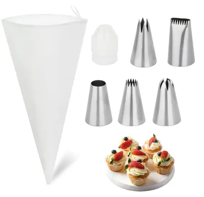 Productafbeelding van Set spuitzakken met 5 grote spuitmondjes en 1 katoenen spuitzak, geschikt voor taarten en cupcakes