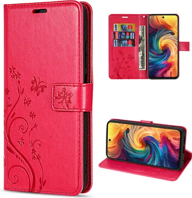A collage of images showing a red flip phone case with a floral and butterfly design, including views of the case open with cards and cash, and the case used as a stand.