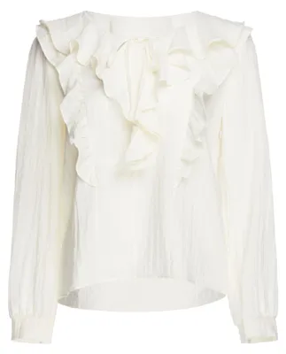 Produktbild von Damen Bluse aus 100% Baumwolle mit klassischem Rundhalsausschnitt und Rüschen, weiß, Größe S