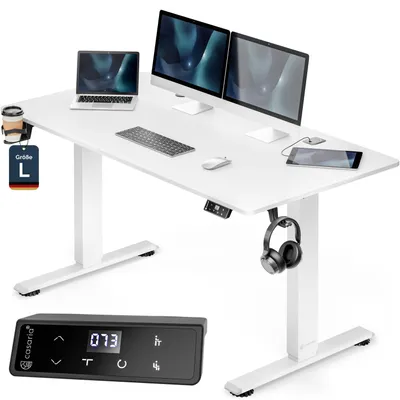Image de CASARIA® Bureau électrique réglable en hauteur blanc 140 x 70 cm écran LCD 72 - 117 cm bureau assis debout structure résistante ajustable porte gobelet chargeur sans fil