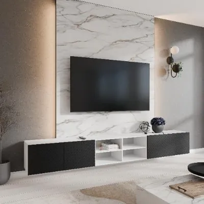 Image de Margaret Hadas24 Meuble TV Nicole IV Meuble TV bas 300 cm À suspendre Design moderne Salon Montage mural, Meuble TV blanc, noir