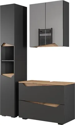 A set of modern bathroom furniture, including a tall cabinet and a vanity unit, displayed against a white background.