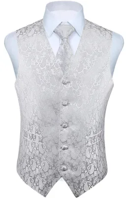Productafbeelding van Herenset: Vest, stropdas en zakdoek, bloemenmotief, jacquard, wit, maat M