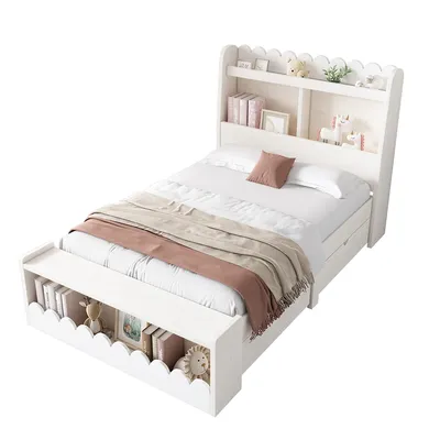 Produktbild von Kinderbett mit Schubladen Regal Sitzbank und Stauraum Einzelbett Holzbett Hausbett Jugendbett 90x200cm Weiß