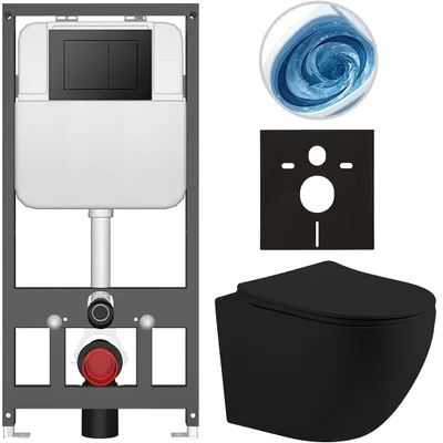 Produktbild von CERANO - Komplettset für wandhängendes WC "Cesso" - Schwarz, matt - Spültaste "Prime/Maxio", schwarz - Für wandhängende Montage / Trockenbauinstallation - 49x36 cm