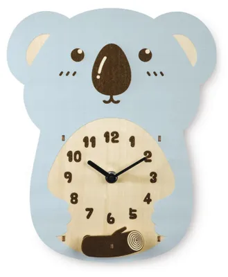 A light blue koala-shaped wall clock with a wooden face and hands.