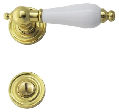 Produktbild von Oscar R039 Ghidini Türgriff-Rosetten-Garnitur Messing poliert Handhabe weiß (Lochung: WC, Türstärke: 38 - 42 mm, Oberfläche: Messing M1 - poliert) Lochung: WC Türstärke: 38 - 42 mm Oberfläche: Messing M1 - poliert