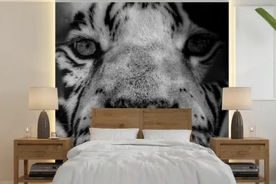 Produktbild von MuchoWow® Fototapete für Wohnzimmer oder Schlafzimmer Wandtapete Vinyl Motivtapete Dschungel - Tiger - Schwarz - Weiß - 240x240 cm - Schlafzimmer-Tapete