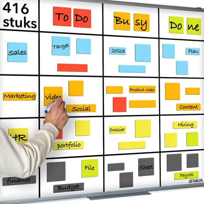 Produktbild von ATWAM - 416 Beschreibbare Magnete & Zubehör MEGA Set - Scrum & Kanban - Magnetstreifen Beschreibbar - Für Whiteboard, Magnettafel, Magnetwand & Kühlschrank