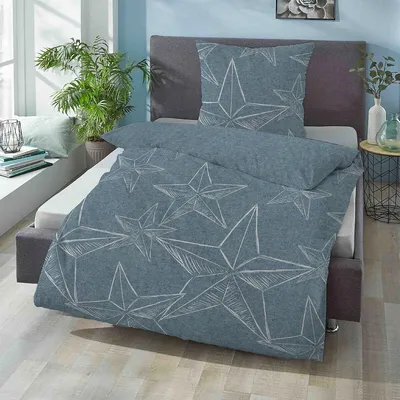 Produktbild von Biberna Melange Flanell Bettwäsche Sterne blau 155x200 cm + 80x80 cm