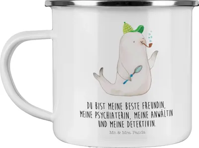 Produktbild von Mr. & Mrs. Panda Teetasse Robbe Sherlock - Weiß - Geschenk, Emaille Tasse, Pott, Teebecher, Lustige Sprüche, Motivtasse, wandertasse