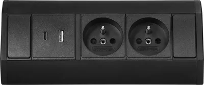 A close-up studio shot of a black power strip with multiple outlets and USB ports.