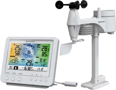 A white weather station with a display console and a sensor unit on a white background.