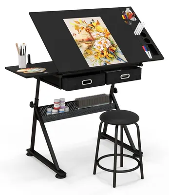 Image de Table de dessin - Tableau de dessin - Table de dessin avec tabouret - Table de dessin réglable - Bureau - Hauteur réglable : 73,5-98 cm