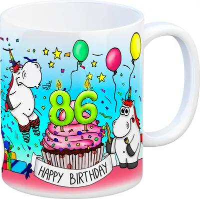 Produktbild von Honeycorns Tasse zum 86. Geburtstag mit Muffin und Einhorn Party Kaffeebecher