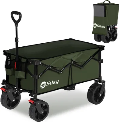 A dark green folding wagon with black wheels and handle is shown on a white background. A smaller image of the wagon in its folded state is in the upper right corner.