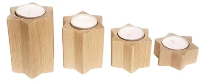 Teelichthalter-Set, 4er, Holz, Natur, 3–9 cm