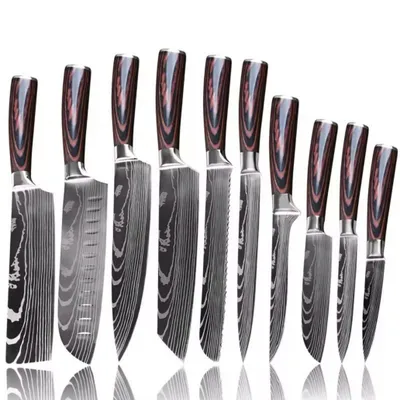 Produktbild von Lacers PurpleLine 10-teiliges Küchenmesser Set – scharfes Chefmesser, Santoku, Brotmesser & mehr aus 7Cr17 Edelstahl mit ergonomische Pakkaholz-Griffe